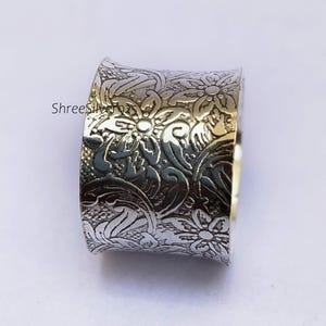 Floral Gravierte Sterlingsilber-Breitbandring im Boho-Vintage-Stil