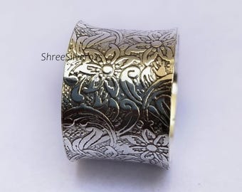 Floral Engraved Sterling Silver Wide Band Ring: Boho Vintage Style