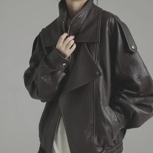Veste Bomber En Cuir Marron Surdimensionnée Pour Femme - Style Moto Des Années 80, Neuf Avec étiquettes