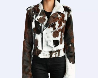 Handmade Hair-On Hide Cowhide Leather Jacket - Western Moto Style