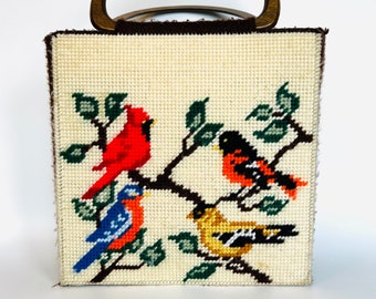 Needlepoint Bird Tote Bag, Crewel Art Bird Purse