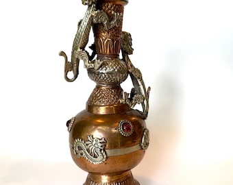 Tibetan Hammered Copper Vase with Dragon Appliqués and Red Stones