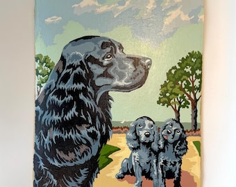 Vintage Paint by Number Black Cocker Spaniel Dog with Puppies, dog art