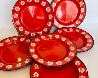 6 Vintage Enamelware Rare Daisy Pattern Plates, Retro Red & White Iron Enamel Plates 10"