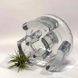 May include: A clear glass vase with a unique, open design. The vase features thick, rounded glass elements that extend outwards. A small, green air plant sits beside the vase, adding a touch of natural contrast.
