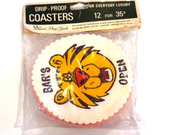 Deadstock 1970s Tiger Coasters, Bar's Open, Set of 12