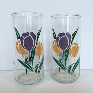 Floral Tulip Glasses - Set of 2 - Purple, Peach & Green Drinkware