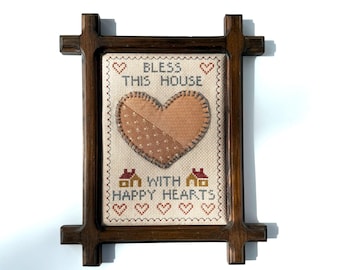 Bless This House With Happy Hearts Needlepoint Wall Art, Cottagecore Decor