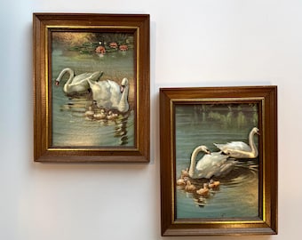 Framed Swan Lake Lithograph: Mid-Century Modern Bird Art