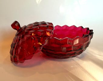 Vintage Red Glass Compote Dish with Lid