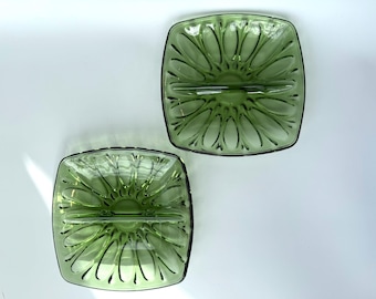 Set of 2 Olive Green Glass Relish Dishes
