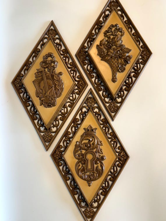 Vintage Syroco Wall Plaques - Diamond, Floral, Violin - 1970s Set 
