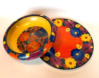 J Mrazek Peasant Art Industry, Floral Bowl and Plate