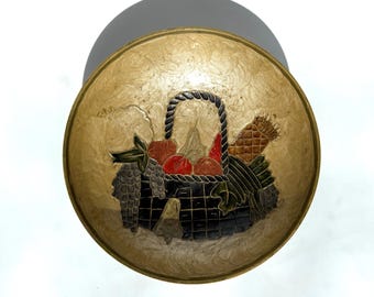 Vintage Solid Brass Footed Bowl, Enameled Painted Bowl