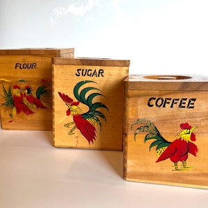 Vintage Wooden Rooster Canister Set: Japanese Kitchen Storage