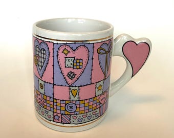 Vintage Pastel Patchwork Heart Mug: 1998 Valentine's Gift