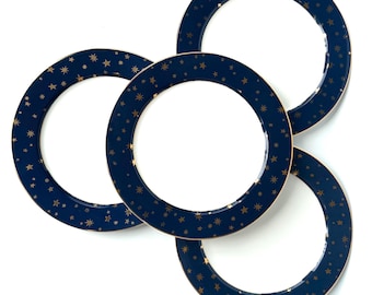 Vintage Celestial Dinner Plates, Cobalt Blue with Gold Starbursts