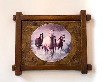 Vintage Handmade Equestrian Art, Galloping Horses, Framed Wall Decor