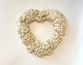 Vintage Resin Heart And Hydrangea Off White Wreath, Wall Hanging Grannycore