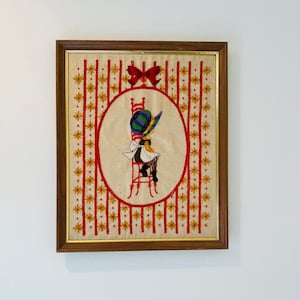 Crewel Art, Little Girl, Patchwork Sitting on Chair