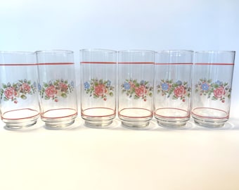 Vintage Set of Six Libbey Pfaltzgraff Glasses, Tea Rose Drinking Glasses