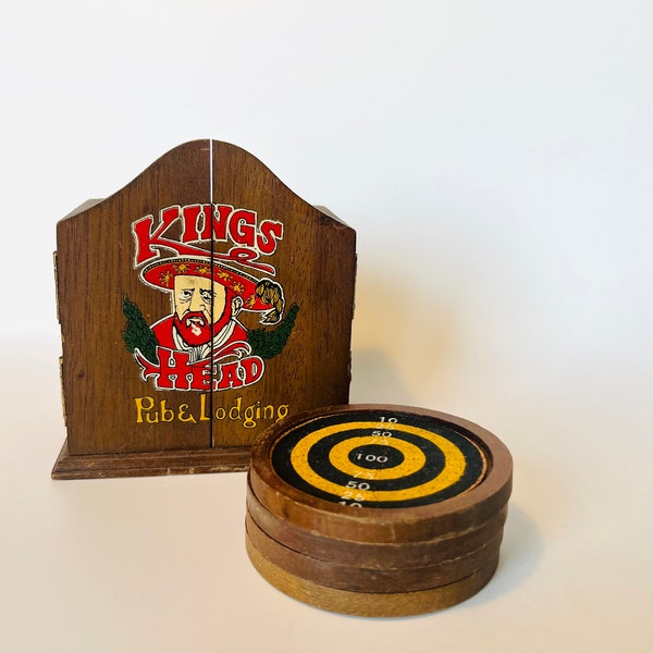 Kings Head Pub & Lodging Coasters, 4 Wooden Coasters with Holder
