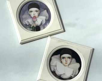 Vintage Set of 2 Mini Mira Fujita Prints: Sad Rose Pierrot, Harlequin Art