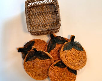 Vintage Rattan Oranges Coasters with Basket