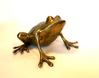 Vintage Large Brass Frog Sculpture, MCM Home Decor (6" x 6.5" x 3.5")
