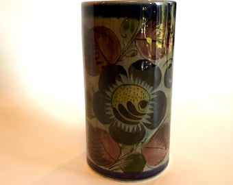 Vintage Mexican Tonala Vase, Hand-Painted Floral Design, Burnished Sandstone