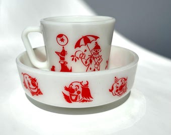 Juego de tazón y taza Pyrex vintage con diseño de payaso de circo, vajilla infantil