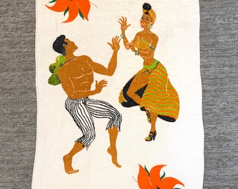 Vintage 1960s Calypso Dancing Couple Beach Towel, Tropical Art (38" x 65")