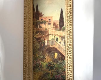 Framed Tuscan Lithograph Print, Mediterranean Villa Art (18.75" x 9")