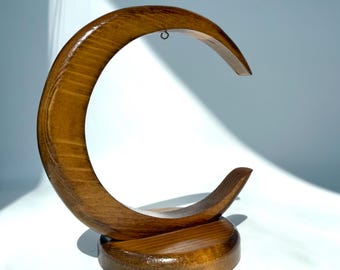 Vintage MCM Moon Shaped Display Hanger, Solid Wood Moon with Hook for Displaying