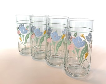 Vintage Set of Four Corelle Glasses, Friendship Blue Pink Tulips