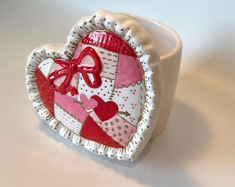 Vintage Lucie Sable Imports Heart Planter, Patchwork Quilt Design