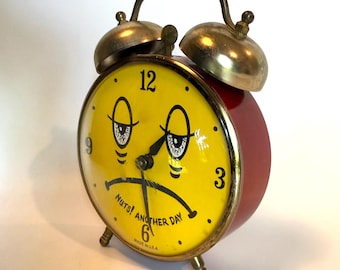 Vintage Robert Shaw Lux Alarm Clock, Yellow Face, Cartoon Expression (Nuts! Another Day)