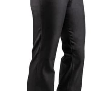 May include: Black dress pants with a slight flare at the bottom. The pants have a classic design with a button and a zipper closure. The text "SARAH CUSTOM STORE IN" is visible on the pants.