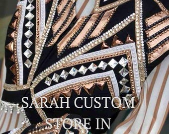 Western Women Show bolero Black base show bolero with White , gold and clear accents with gold line Shirt