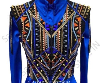 Western Women Show bolero Black base show bolero with Blue, gold and clear accents with blue Shirt