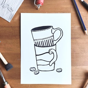 Original linocut print – handmade linocut wall art | minimalist art in black and white print coffee cups