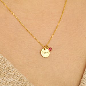 Personalized Tiny Name Necklace with Birthstone • Custom Disc Necklace Gift • Gold Silver Rose Gold Options • Engraved Mom Necklace