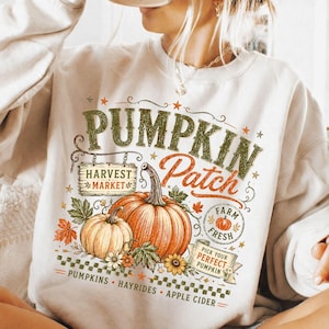 Sudadera con estampado de calabazas, sudadera de otoño, camiseta con estampado de calabazas, jersey vintage de otoño, sudadera con estampado de cosecha.