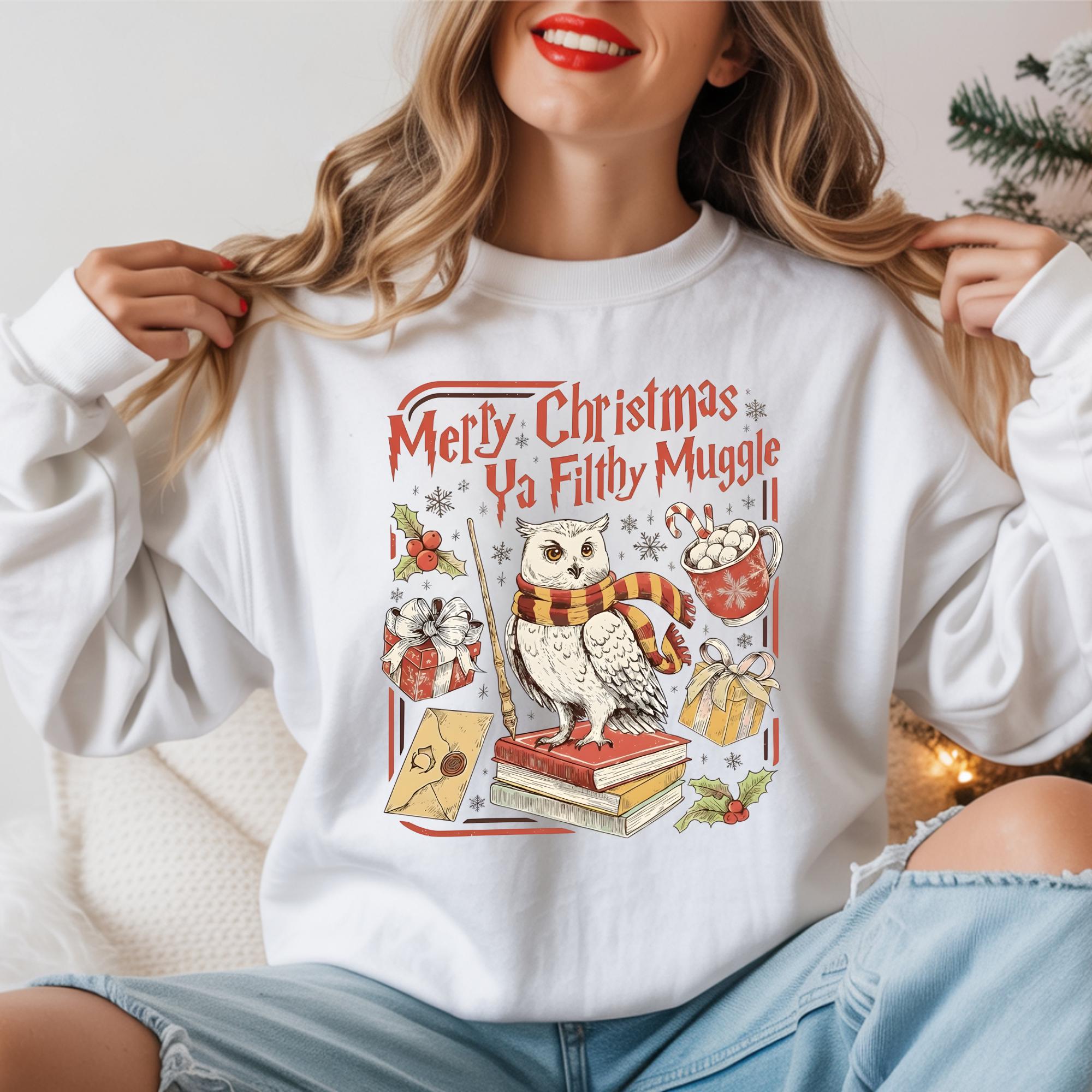 Comfort Colors® Merry Christmas Ya Filthy Muggle Shirt, Wizard Holiday Owl Tee, Merry Christmas