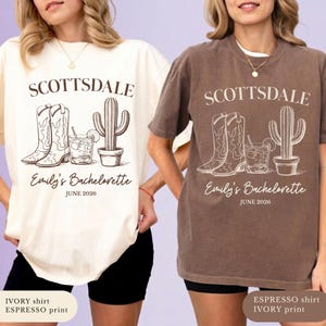 Camiseta personalizada para despedida de soltera en Scottsdale, camiseta para fiesta nupcial con temática del desierto, regalo para viaje de despedida de soltera con botas vaqueras del oeste, camiseta retro de fiesta de cactus para la novia
