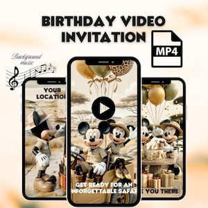 Könnte beinhalten: Eine digitale Geburtstagsvideoeinladung mit Mickey und Minnie Mouse in Safari-Kleidung. Die Einladung enthält den Text "BIRTHDAY VIDEO INVITATION" und "GET READY FOR AN UNFORGETTABLE SAFARI". Das Video ist im MP4-Format.