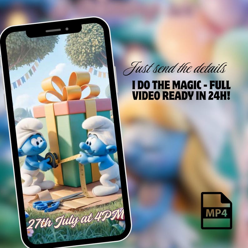 May include: A smartphone screen displays a cartoon scene of two Smurfs measuring a gift box. The text reads "Just send the details, I DO THE MAGIC - FULL VIDEO READY IN 24H!" and "27th July at 4PM". An MP4 icon is visible.