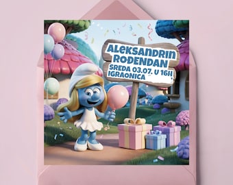 Smurfette Birthday Invitation: Pastel Cartoon Party (Digital PDF or JPG File)