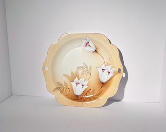 Plato para tartas con asa de RS Germany: porcelana floral antigua con detalles dorados