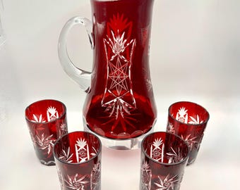 Bohemian Cranberry Cut-to-Clear Crystal Pitcher & 4 Tumblers – Czech Hand-Cut Holiday Barware – Mid-Century